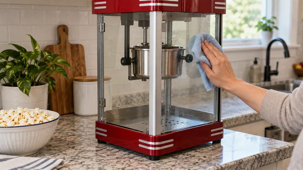 A countertop electric popcorn maker with glass panels being wiped down.