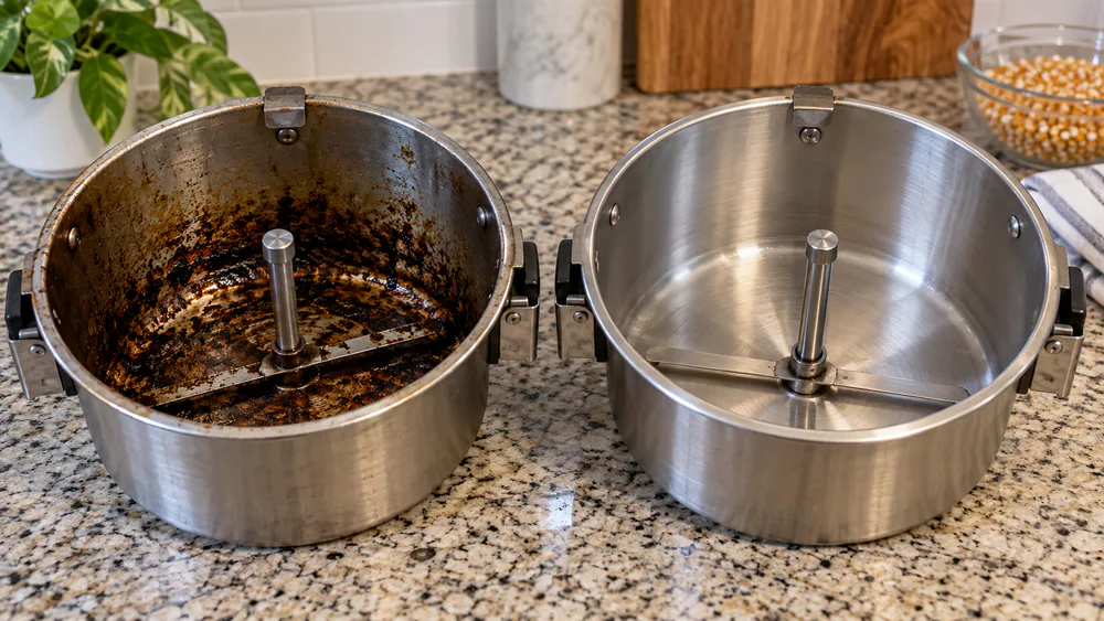 A popcorn kettle with burnt oil inside, next to the same kettle clean after a soak.