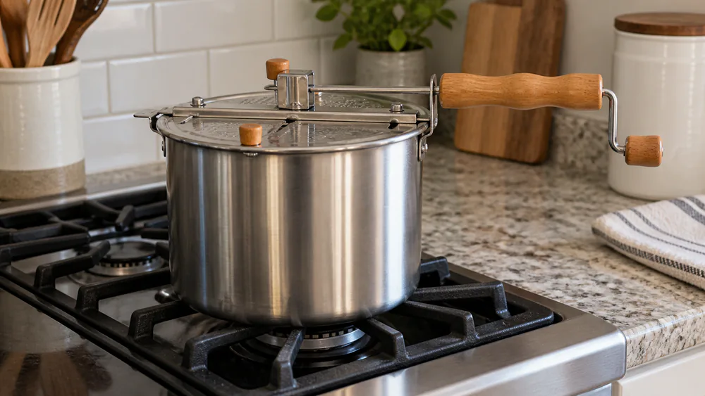 A stovetop popcorn kettle with a crank lid cooling on a burner.