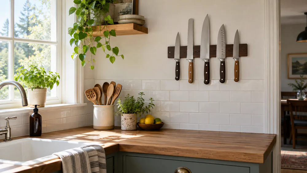 Kitchen knives stored on a magnetic wall strip, blades clean and handles down.