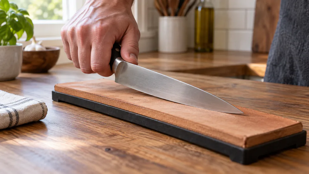 A chef's knife drawn trailing-edge across a leather strop, cutting edge pointing away from travel.