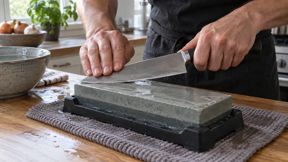 Hands holding a chef's knife at an angle against a whetstone, wrist locked.