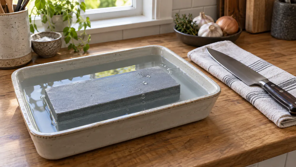 A water stone soaking in a shallow tray of water, with a kitchen knife on a towel-covered workbench.