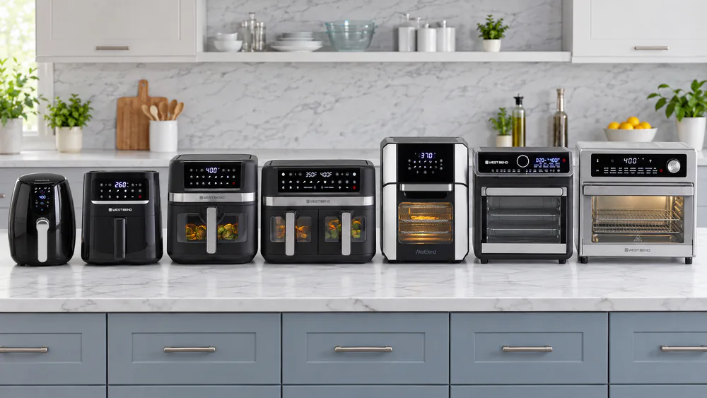 Seven West Bend air fryers from the 3.7-quart basket to the 26-quart oven lined up on a kitchen counter for size comparison