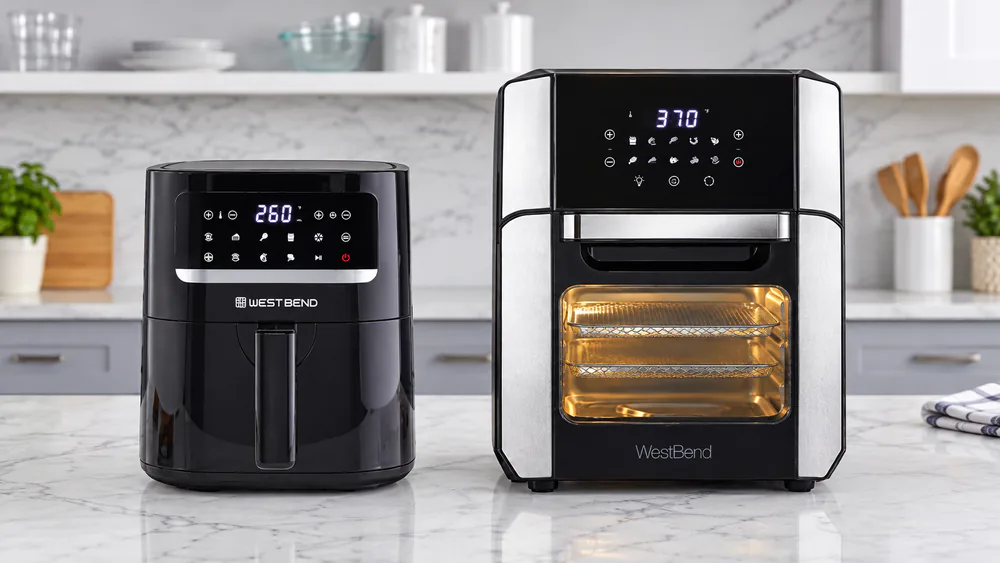A West Bend 5-quart basket air fryer beside a West Bend 12.6-quart oven showing the difference in counter footprint