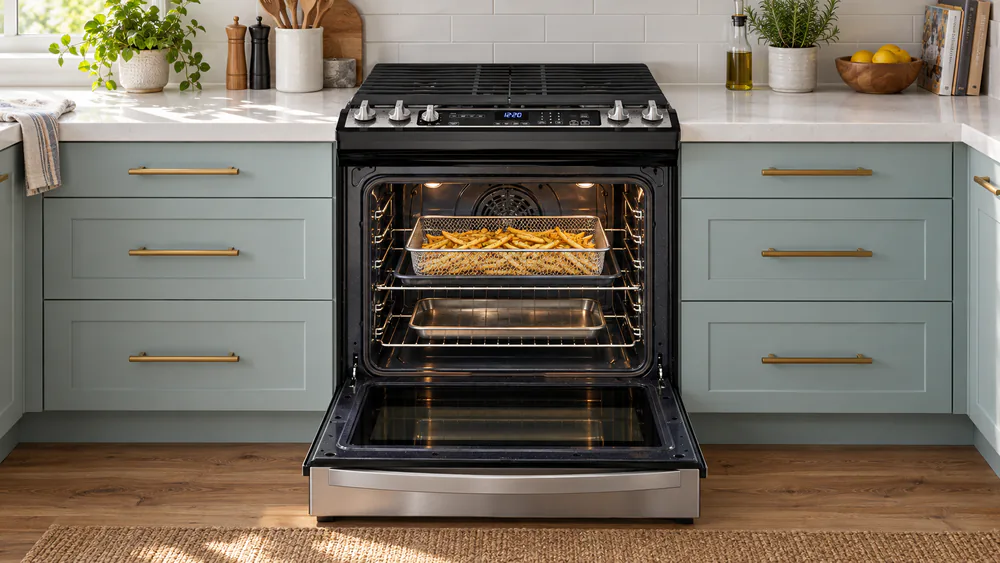 Inside a Whirlpool oven showing the air fry basket on a baking sheet resting on the middle rack with a drip tray below
