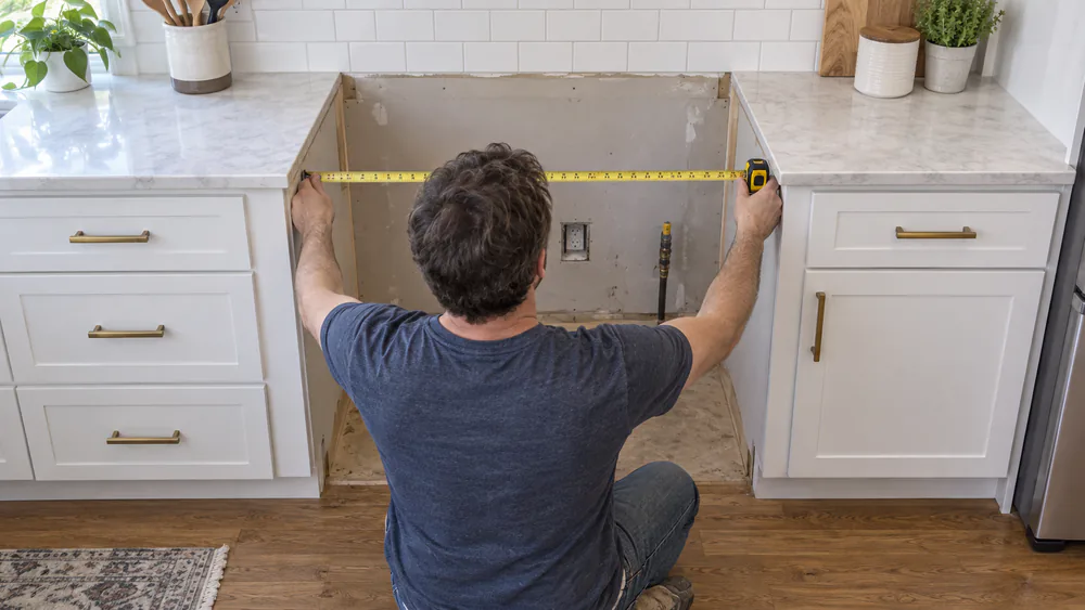 A person measuring the width of an empty 30 inch range cutout between kitchen cabinets with a tape measure