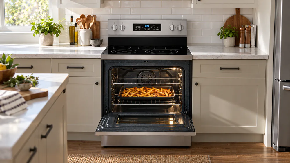 A freestanding Whirlpool range in a family kitchen with a sheet pan of fries on the middle oven rack and the control panel in view