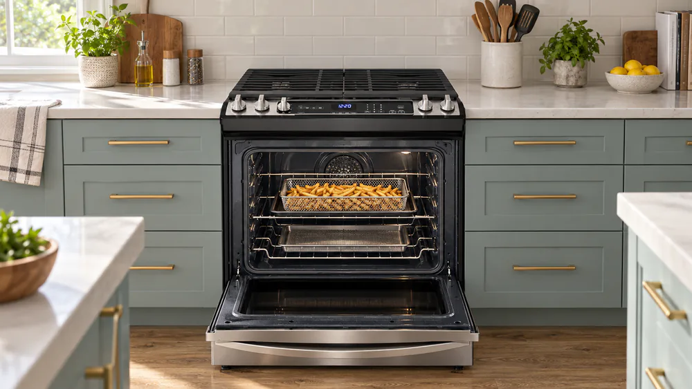 The Whirlpool WEG745H0LZ oven open with a stainless air fry basket of french fries on a baking sheet on the middle rack