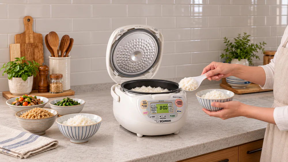 A large batch of white and brown rice being scooped from a 10-cup Zojirushi cooker into family dinner bowls