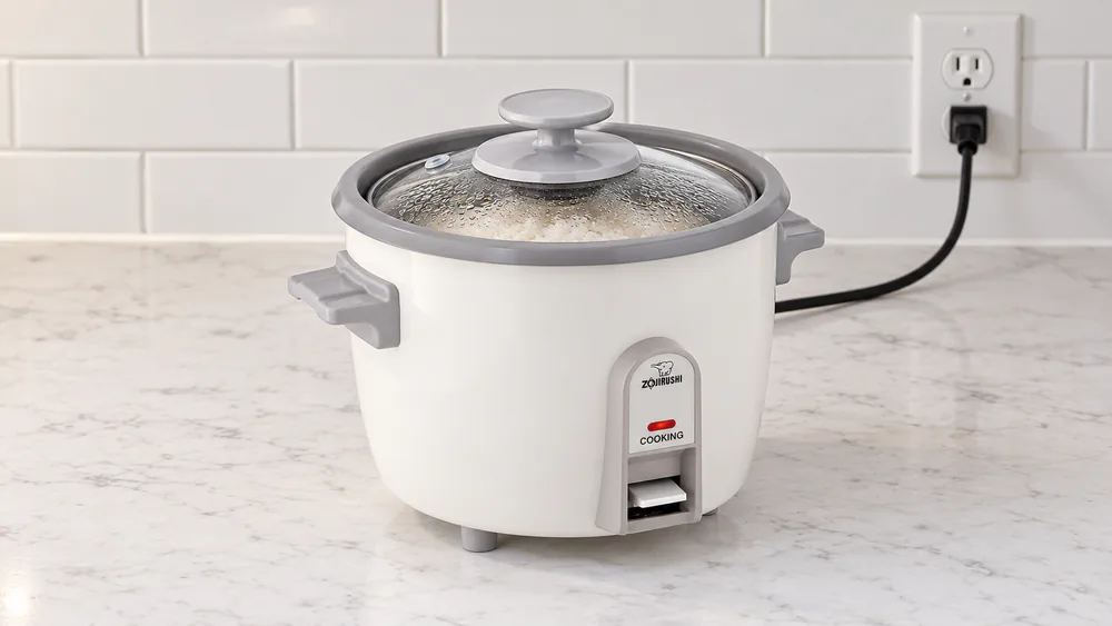 Zojirushi NHS-06 3-cup cooker with its see-through glass lid on, steam beading inside, on a plain kitchen counter
