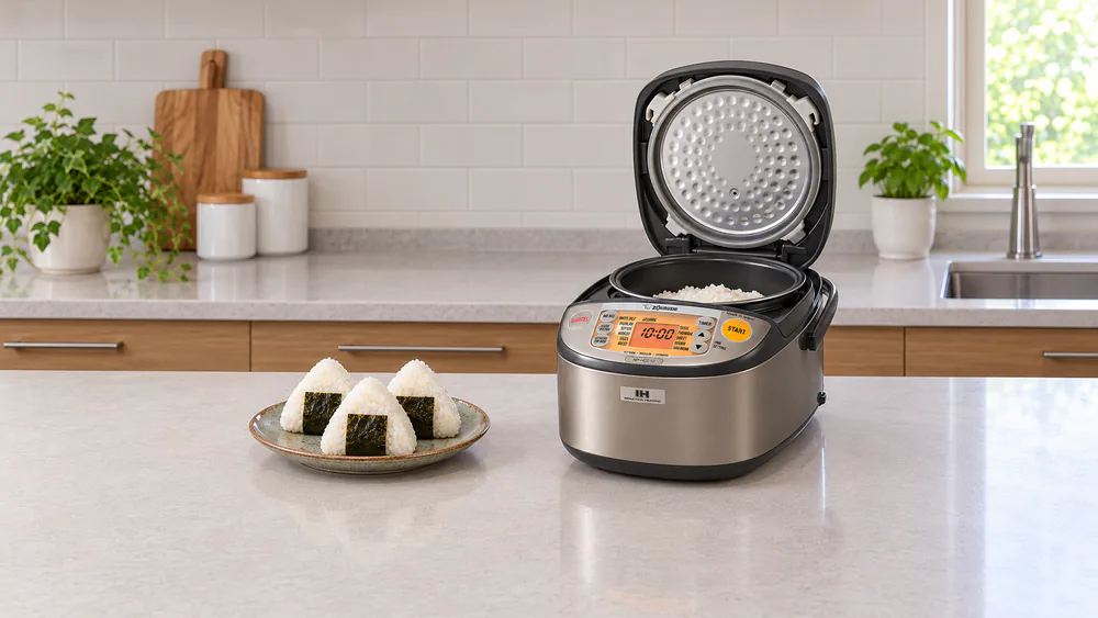 Glossy sushi rice shaped into onigiri on a plate beside an open Zojirushi NP-HCC10XH induction cooker