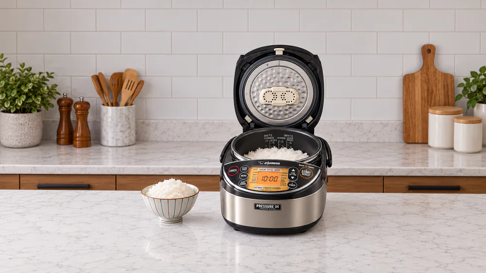A bowl of plump, glossy sticky rice beside the open Zojirushi NP-NWC10XB pressure induction cooker