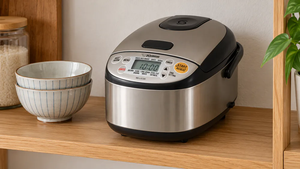 A compact Zojirushi NS-LGC05XB with its fold-down handle and cord tucked away, sitting on a small kitchen shelf