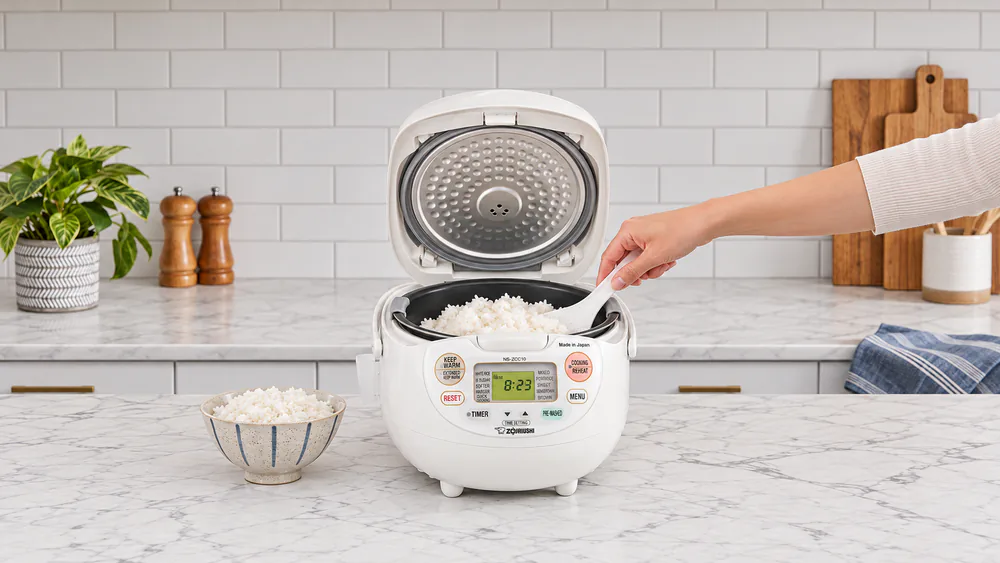 Freshly cooked white rice being fluffed with a paddle inside the open Zojirushi NS-ZCC10 spherical inner pan
