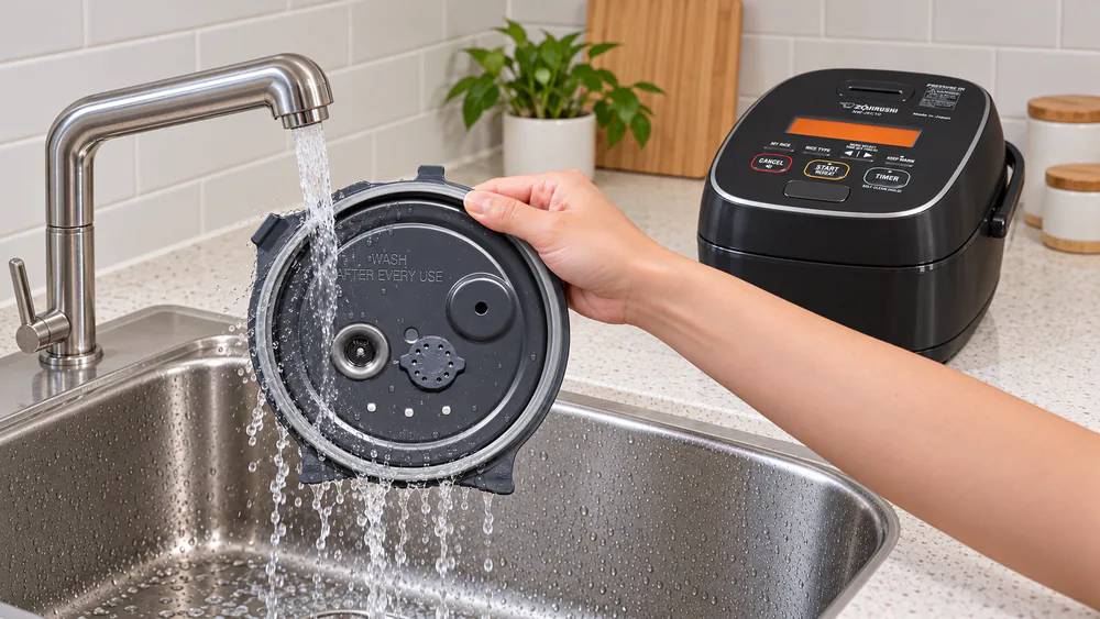 The detachable stainless inner lid of a Zojirushi NW-JEC10 being rinsed at the kitchen sink