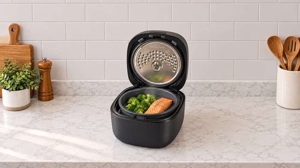 Steamed broccoli and salmon on the BPA-free steaming tray inside a Zojirushi NW-QAC10 induction cooker