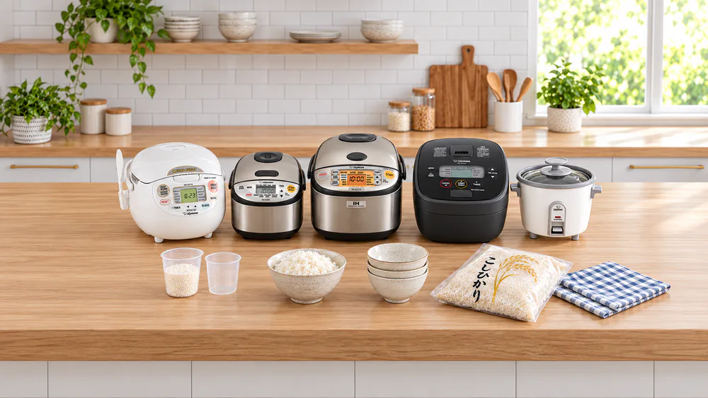 Several Zojirushi rice cookers lined up on a kitchen counter with measuring cups, rice bowls, and a bag of short-grain rice beside them