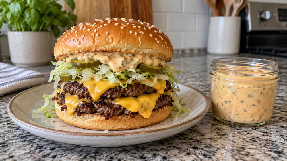 Homemade Big Mac copycat smash burger with pale-orange special sauce drizzled over double beef patties, American cheese, shredded lettuce, and pickles on a sesame seed bun with a mason jar of sauce beside it
