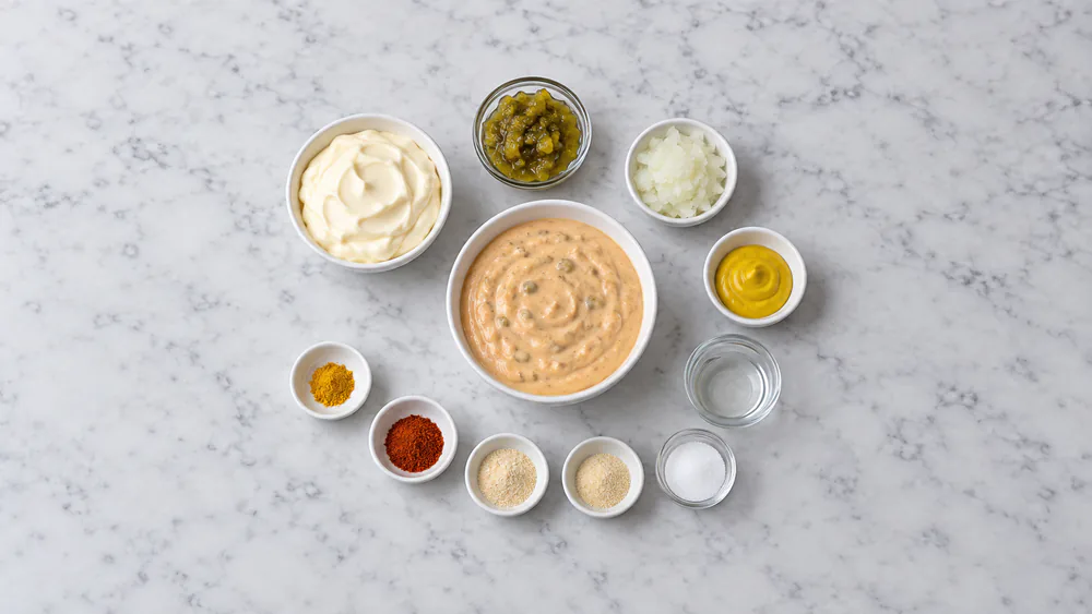 Homemade Big Mac sauce surrounded by small dishes of mayonnaise, relish, mustard, vinegar, onion and spices on a marble counter