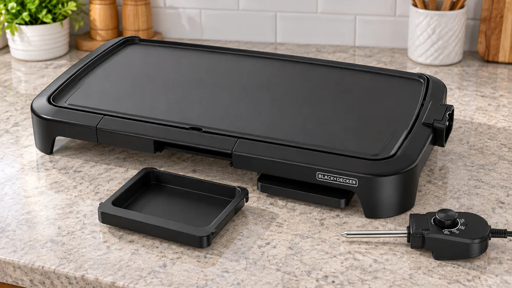 A Black+Decker electric griddle surface wiped clean after cooking bacon, with the removable drip tray pulled out beside it