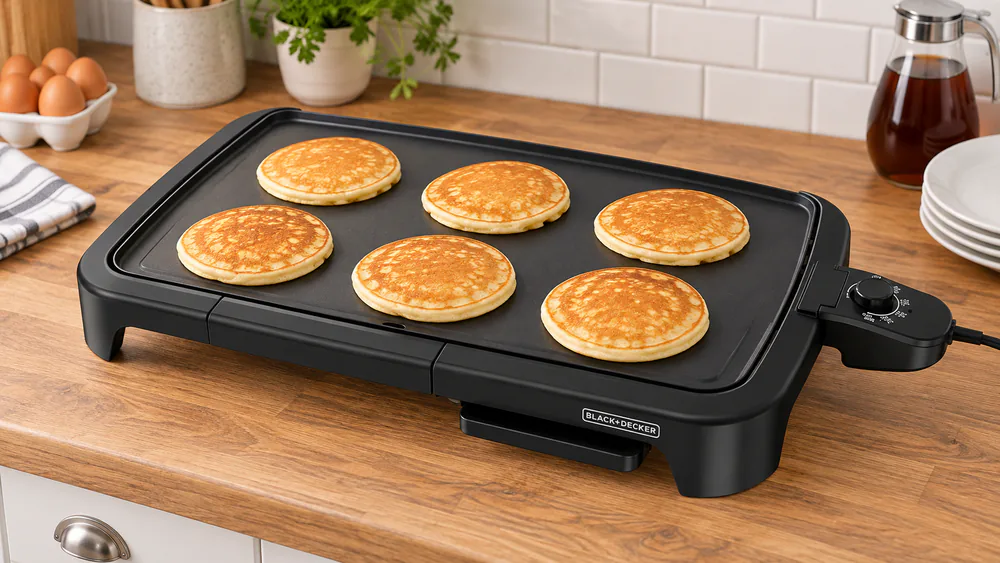 A row of pancakes cooking on the nonstick surface of a Black+Decker electric griddle on a kitchen counter, raised lip visible along the edge