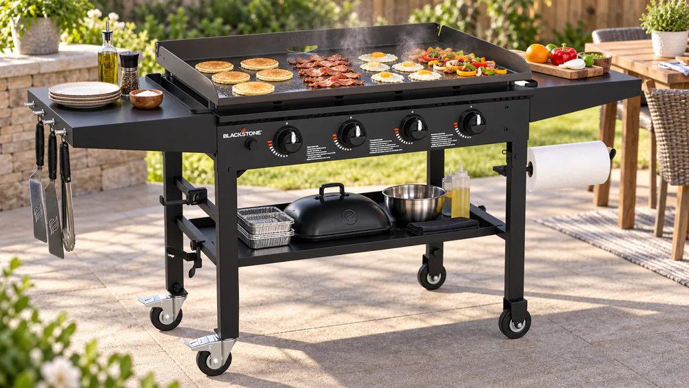 A Blackstone 36-inch griddle on a backyard patio, the wide cooking surface loaded with food across all four heat zones.