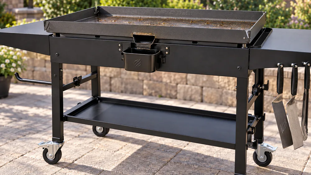 The rear grease opening and collection cup on a Blackstone 36-inch model 1554 griddle after a cook.