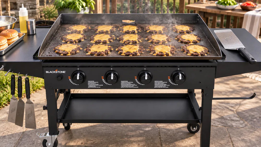 A row of smash burgers cooking across the full surface of a Blackstone griddle, the outer edges of the cooktop visible at both ends.