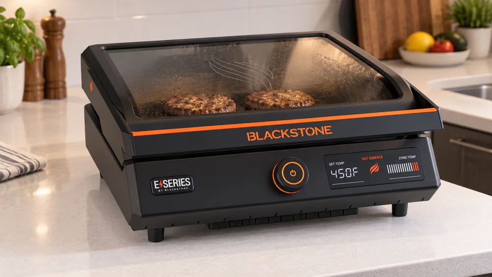 The Blackstone E-Series 17-inch electric griddle with its glass hood closed over cooking burgers on a kitchen counter