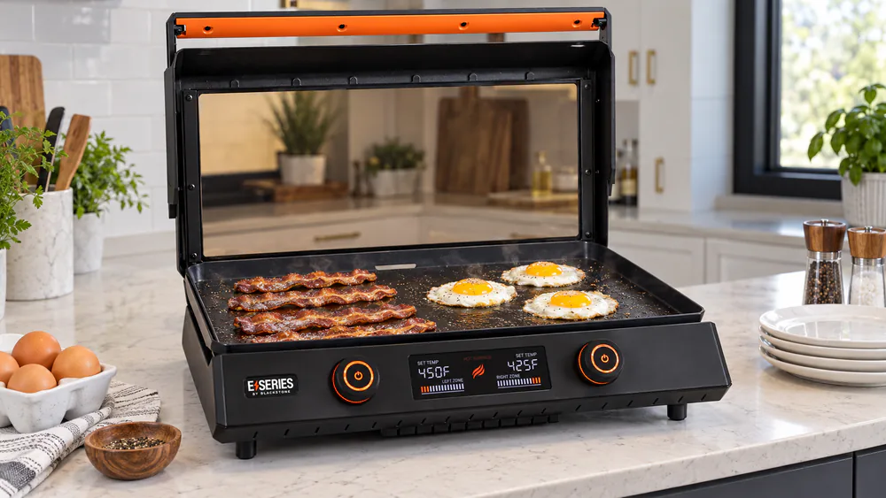Strips of bacon and fried eggs cooking side by side on the two zones of a Blackstone E-Series 22 inch electric griddle