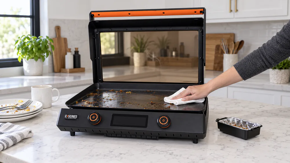 A hand wiping a warm Blackstone E-Series 22 inch griddle plate with a paper towel, with the foil-lined rear grease cup pulled out beside it