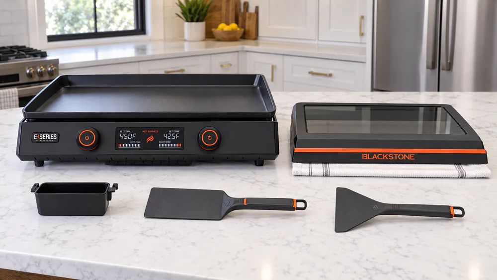 A Blackstone E-Series 22 inch electric griddle on a kitchen counter next to its glass hood, grease cup, and nylon spatula and scraper