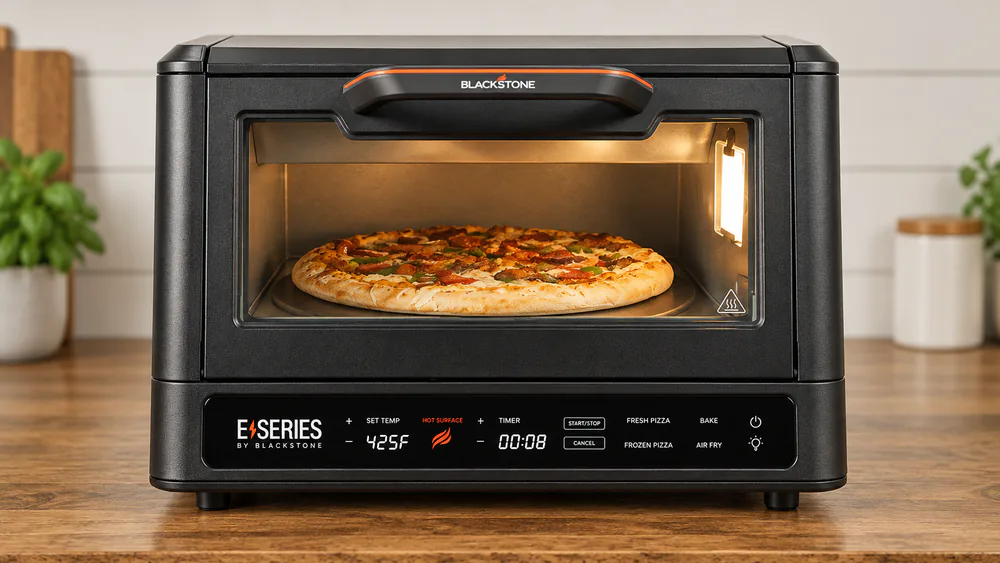 Close-up of the Blackstone E-Series 8013 touchscreen control panel and lit viewing window with a pizza turning inside