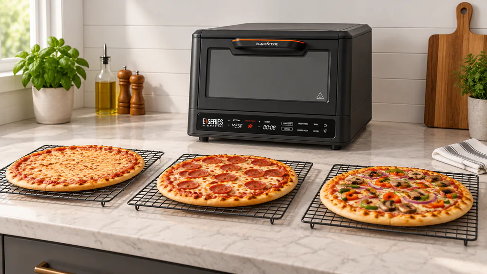 Three test pizzas, fresh, frozen, and homemade, cooling on a kitchen counter next to the Blackstone E-Series 8013 oven