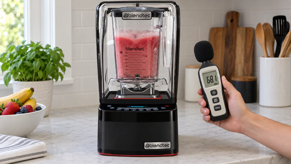 A sound meter held beside a running Blendtec with its enclosure closed, measuring noise at the user's position.