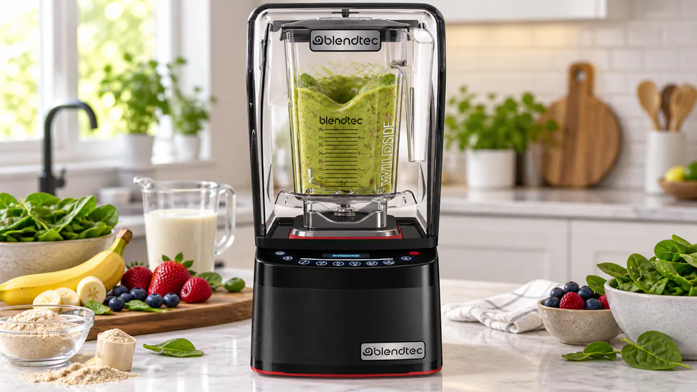 A loaded green protein smoothie blending in a clear WildSide+ jar on a Blendtec base.