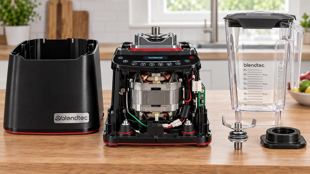 A Blendtec base opened on a workbench showing the motor, wiring, drive coupling, and blade-mount seal.