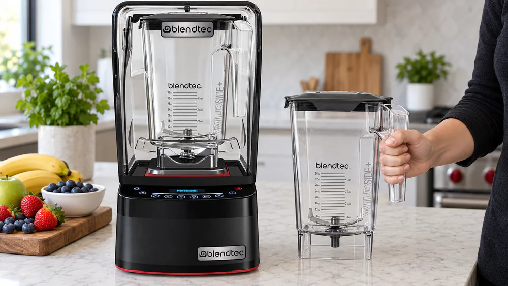 Two identical WildSide+ jars, one on a blender base, one held beside it.