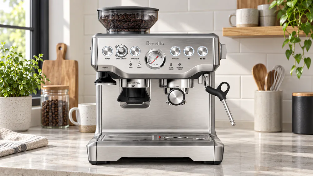 Front view of the Breville Barista Express BES870XL in brushed stainless steel, showing the pressure gauge, portafilter, and drip tray with the red fill float.