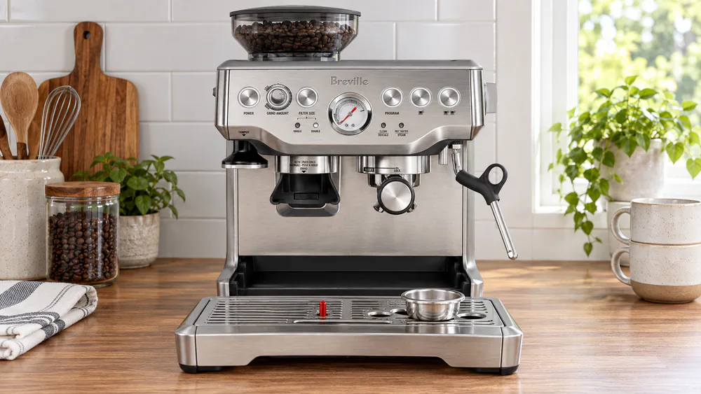 The Breville Barista Express drip tray pulled out for emptying, the red fill float visibly risen, portafilter basket drying on the grid.