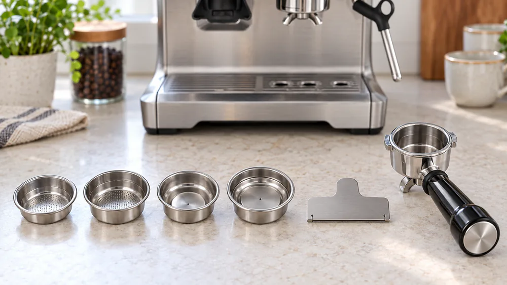The four Breville Barista Express baskets side by side, single wall and dual wall in 1-cup and 2-cup sizes, with the Razor dose trimming tool.
