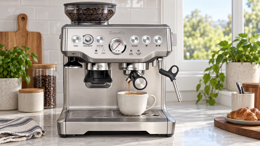 A Breville Barista Express BES870XL pouring a double shot into a ceramic cup, the pressure gauge needle sitting in the middle of the extraction.