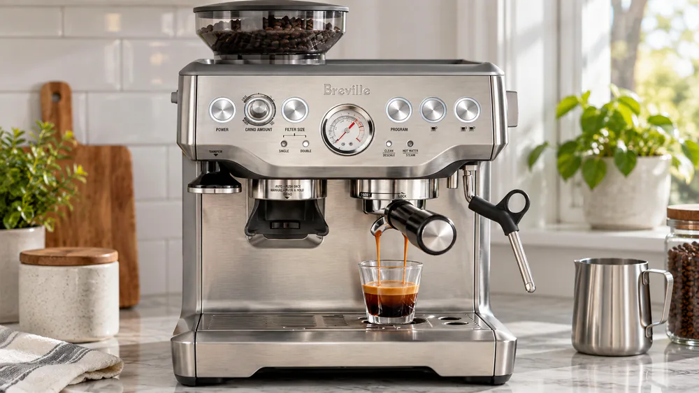 The Breville Barista Express pressure gauge during a shot, the needle in the espresso range while a double shot runs into the cup.