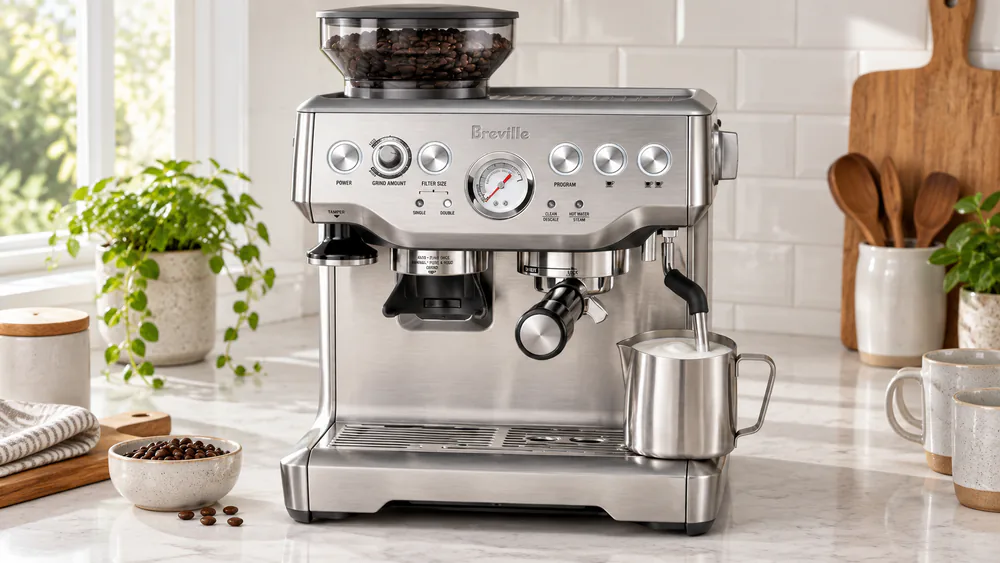 The Breville Barista Express single-hole steam wand angled into a stainless steel milk jug, microfoam forming on the surface.