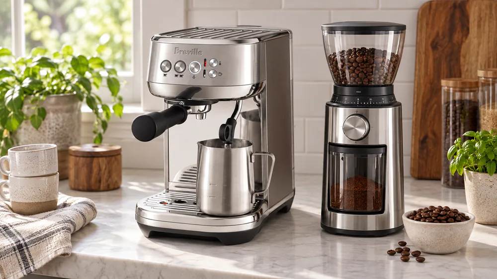 The compact Breville Bambino Plus on a small kitchen counter beside a separate burr grinder, a stainless milk pitcher in front.
