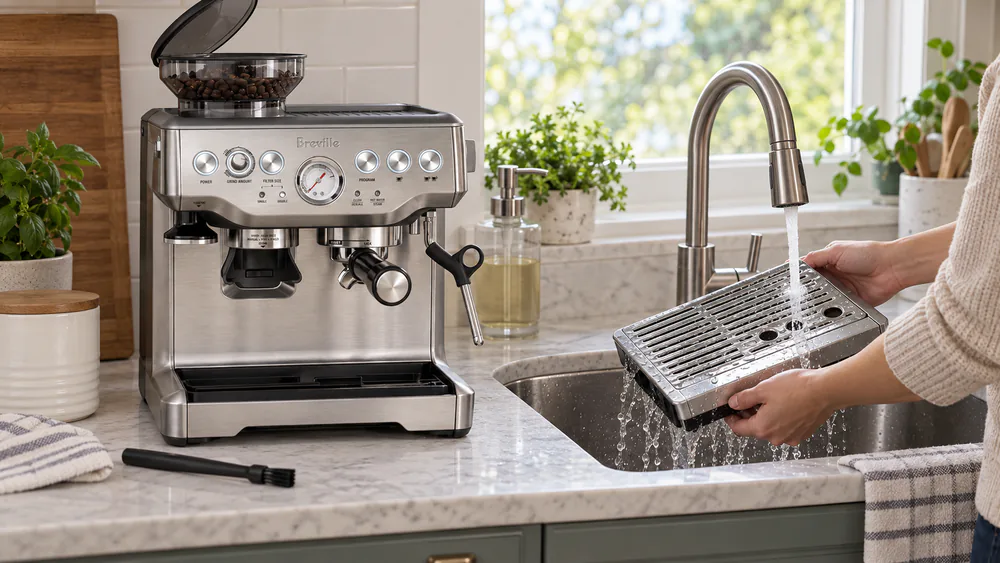 The Barista Express drip tray slid out and rinsed at the kitchen sink, grinder hopper lid open and cleaning brush beside it.