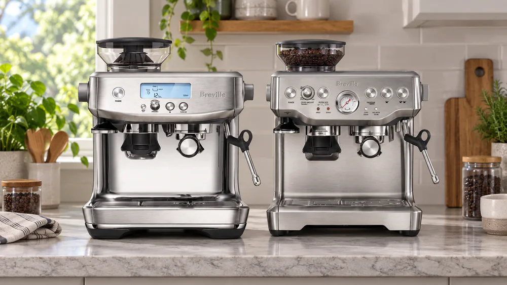 The Barista Pro and Barista Express parked side by side on the same kitchen counter, both brushed stainless, portafilters resting in their docks.
