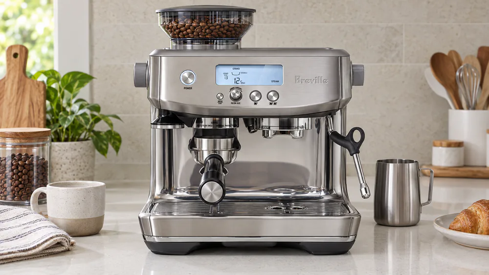 Close-up of the Barista Pro's grind size dial showing the numbered grind range, a dosing funnel seated in the portafilter under the burr outlet.