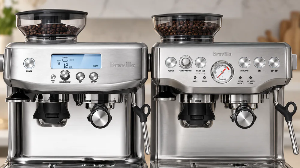 The Barista Pro's LCD showing the shot timer and grind progress beside the Barista Express's analog dials and pressure gauge needle sitting in the espresso range.